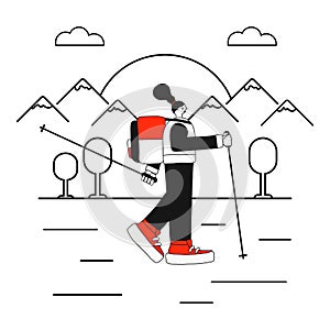 Vector illustration of a girl doing Nordic walking in the mountains. Concept of walking with sticks for a healthy