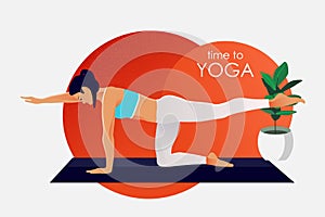 Vector illustration. Girl doing yoga and get calm in office. Relax, meditation, good time management concept. Flat style
