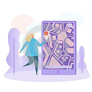 Vector illustration, Girl enjoys GPS. In gentle tones
