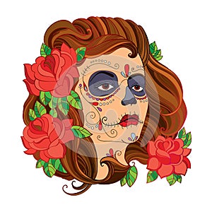 Vector illustration of girl face with Sugar skull or Calavera Catrina makeup and red roses isolated on white. photo
