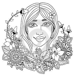 Vector illustration girl with flowers in her hair. Doodle drawing. Meditative exercise. Coloring book anti stress for