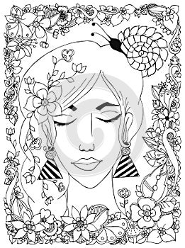 Vector illustration girl with flowers zentangl snail on her head, a flower frame, doodle, zenart, dudlart. Fairy-tale photo