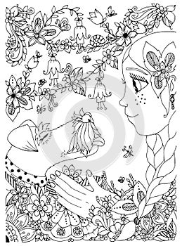Vector illustration of a girl with freckles zentangl hugging dog fox terrier. Doodle flowers, frame, forest, garden photo