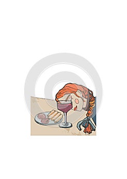 Girl with a glass of wine lying on the table