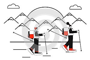 Vector illustration of a girl and a guy doing Nordic walking in the mountains. The concept of walking with sticks for a