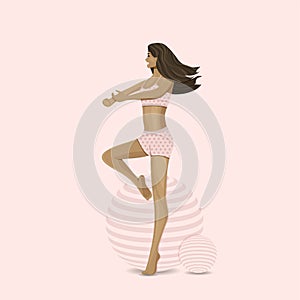 Vector illustration of girl in gym suit stands on one leg