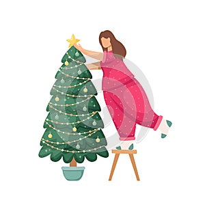 Vector illustration of a girl hanging a Christmas ball on a Christmas tree. New Year. Holidays