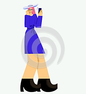 Vector illustration girl in hat and sunglasses taking selfie using smartphone big limbs style