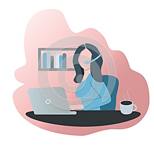 Vector illustration of a girl with a head microphone works behind a laptop at home. Call center operator at home. Trendy flat illu