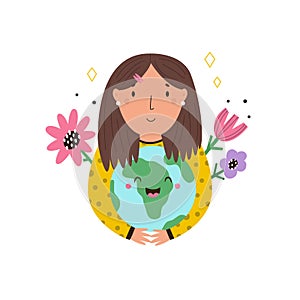 Vector illustration of a girl holding, embracing planet Earth, globe