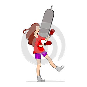Vector illustration of a girl with long loose brown hair in a red t-shirt and purple shorts beats a punching bag