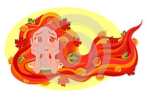 Vector illustration of a girl with orange hair and autumn leaves