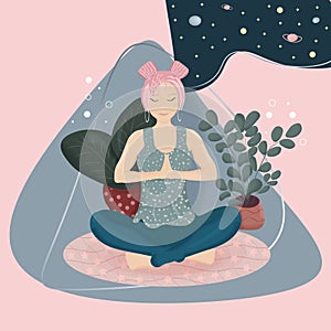 Vector illustration of a girl with pink hair relaxing, meditating.