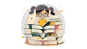 Vector illustration of a girl with a ponytail sitting on many books, girl reading, flat vector illustration, education concept