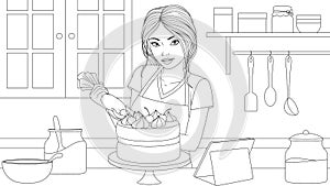 Vector illustration, girl preparing a cake