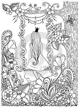 Vector illustration girl Princess zentangle riding swing. Wood, frame, flowers, birds tree, doodle, zenart, dudlart