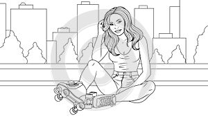 Vector illustration, girl rollerblading in the cit