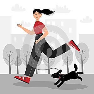 Vector illustration with a girl running in the park with her dog. The girl goes in for sports.