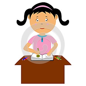 Vector Illustration of girl sitting on a desk and coloring the picture