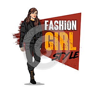 Vector illustration, a girl in stylish clothes.