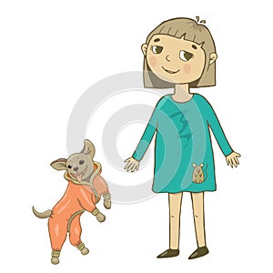 Vector illustration of a girl in summer clothes, in a blue dress and shoes, walking with a dog in overalls. The dog is cheerful, j