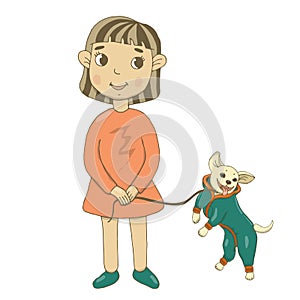 Vector illustration of a girl in summer clothes, in an orange dress and green shoes, walking with a dog on a leash in a green jump