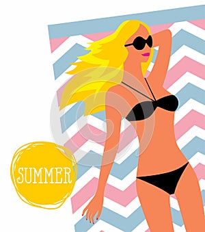 Vector illustration Girl in sunglasses and swimsuit