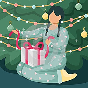 Vector illustration of a girl unpacking a Christmas gift under a Christmas tree