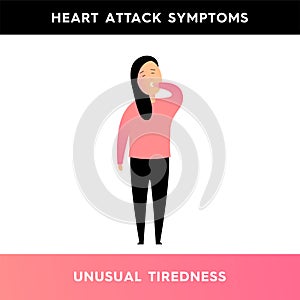 Vector illustration of a girl who and feels tired. A person with symptoms of a heart attack feels unusually tired for no reason.