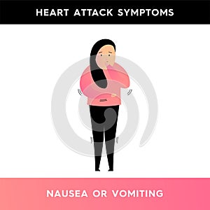 Vector illustration of a girl who holds her belly with one hand and covers her mouth with the other hand. A person has symptoms of