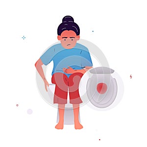 Vector illustration of a girl who sits on the toilet holding her stomach. A person has blood in his stool. Symptoms of hemorrhoids