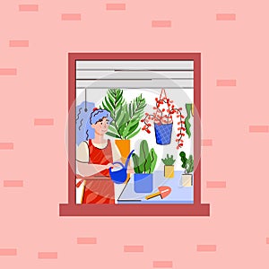Vector illustration of a girl who takes care of home plants.