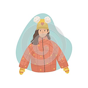 Vector illustration of a girl in a winter sintepon jacket and a knitted hat. Winter clothin