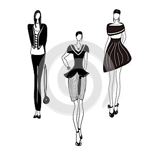 Vector illustration with girls, models, siluets. Sketch.Fashion print