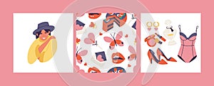 Vector illustration girls stuff collection. Decorative set female elements and accessories. Seamless pattern.