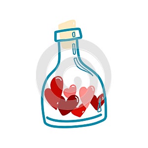 Vector illustration, glass bottle with hearts in doodle style, love drink, Valentine's day