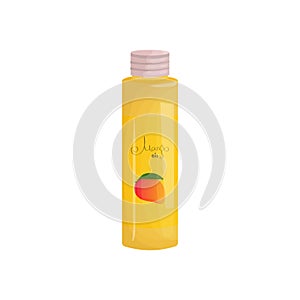 Vector illustration with a glass bottle of orange mango oil for massage of essential or base oil in cartoon style. Aromatherapy