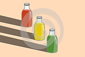 Vector illustration of glass bottles with different vegetables fruits berries green yellow red smoothie on pink background