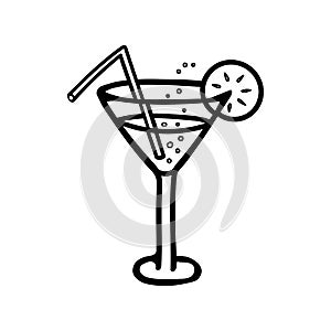 Vector illustration of a glass with a cocktail, bubbles and a slice of lemon, a straw. Icon.