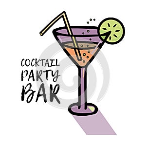 Vector illustration of a glass with a cocktail, bubbles and a slice of lemon, a straw. Icon. Phrase Cocktail party bar.