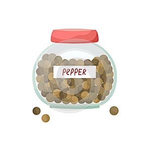 Vector illustration of a glass jar with black pepper. Peas. Spices