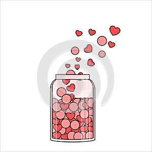 Vector illustration of a glass jar with hearts and circles. Vector theme with valentines day