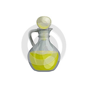 Vector illustration with a glass jar of vegetable oil or olive, nutty liquid oil in cartoon style. Bottle of aromatherapy oil for