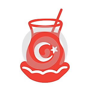 Vector illustration of a glass of traditional turkish tea on a decorative plate with a spoon and turkish flag. Red icon isolated o