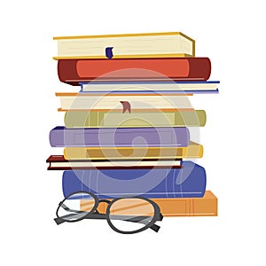 Vector illustration of glasses on top stack books. Stack of books on a white background.