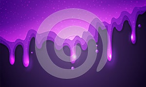 Vector illustration glitter slime dripping on violet background. Glossy purple texture
