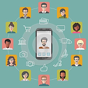 Vector illustration of global communication and social network with different people flat app icons.