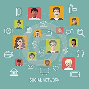 Vector illustration of global communication and social network with different people flat app icons.