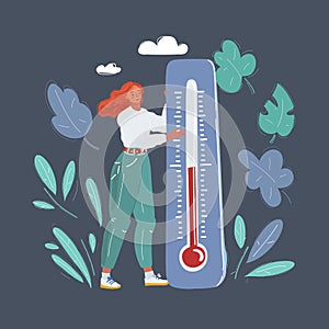 Vector illustration of Global Warming. tiny woman characters thermometer