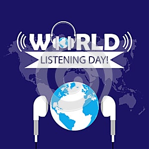 Vector illustration, Globe using Earphones on a blue background. World Listening Day Concept, Music Day. suitable for posters, gre